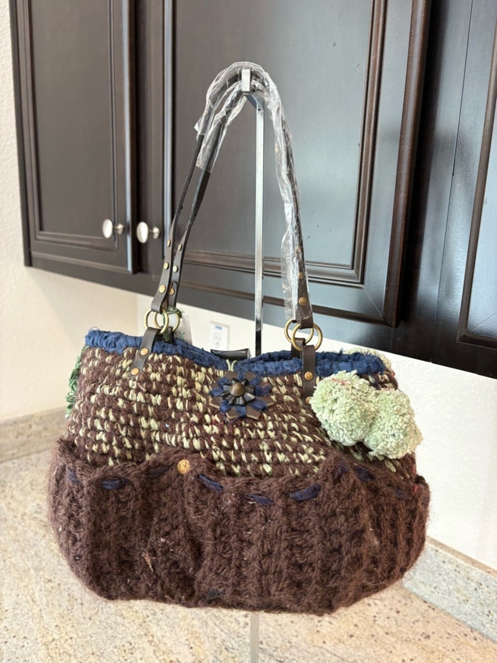 Brown Knit Shoulder Bag with Green Accent and Pom Detail - Picture 4 of 4
